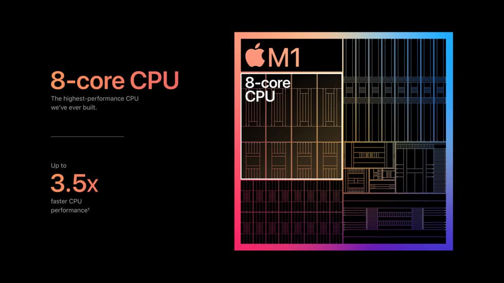 A graphic details key benefits of the 8-core CPU in M1.