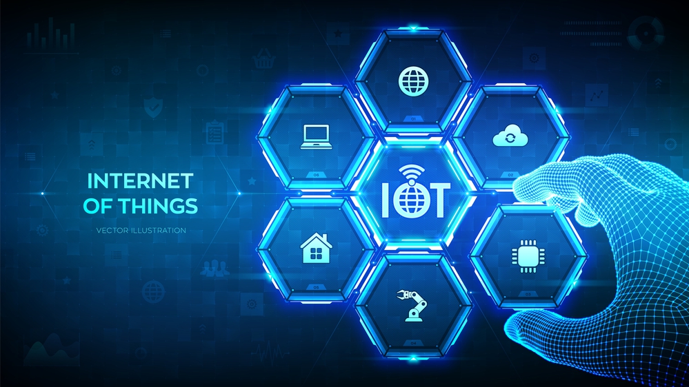 IOT Connect. Internet of things. Everything connectivity device concept network, and business with internet. Wireframe hand places an element into a composition visualizing IOT. Vector illustration
