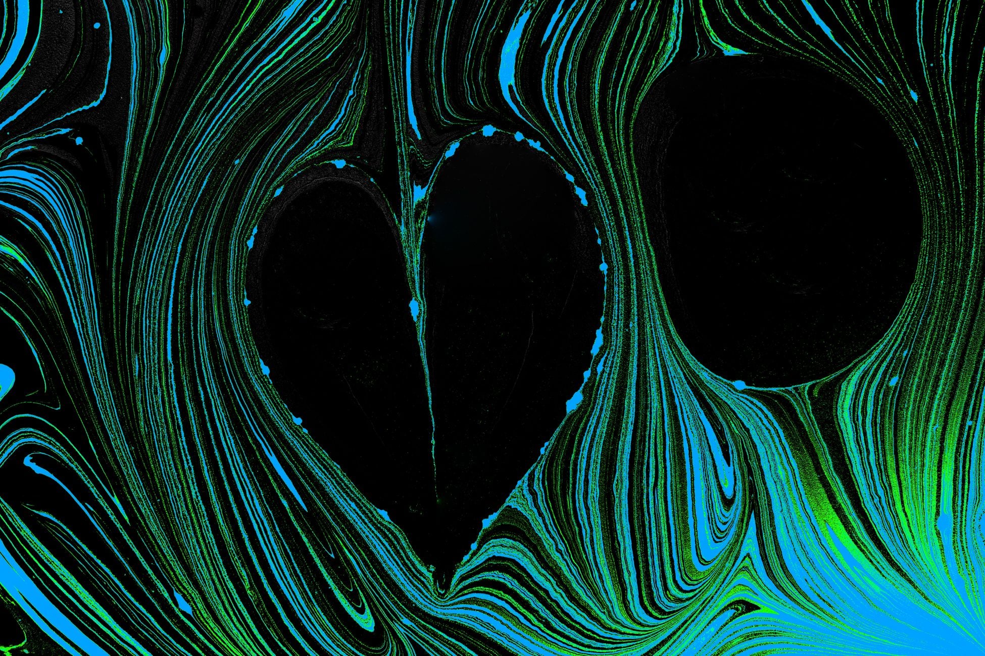 Vibrant abstract art with heart-shaped marbling in green and blue tones.